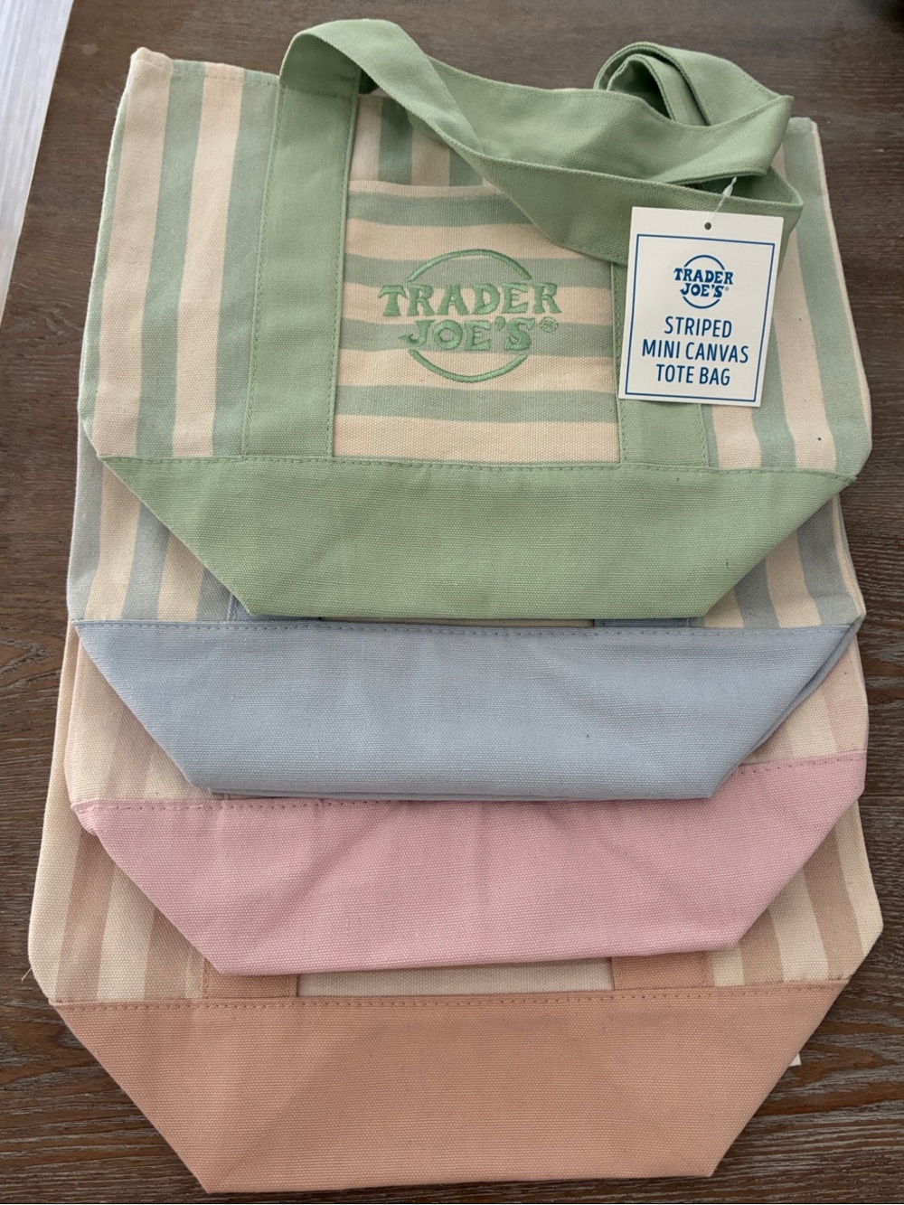 Trader Joe's Striped Mini Canvas Totes Full Set green pink blue tan